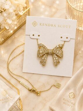 Kendra Scott Gold Crystal Bow Necklace with Pearl Accents